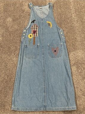Vintage Haik’s Denim Jumper Dress Medium Birdhouse Applique Cottagecore